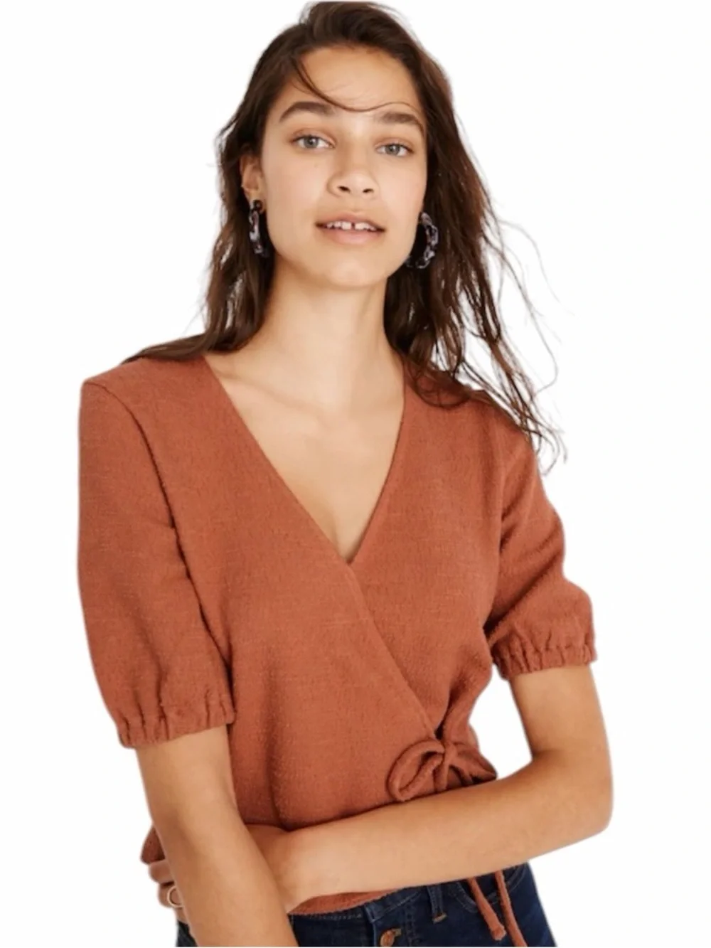 Madewell Texture & Thread Puff-Sleeve Wrap Top Sweet Dahlia Size S #2156